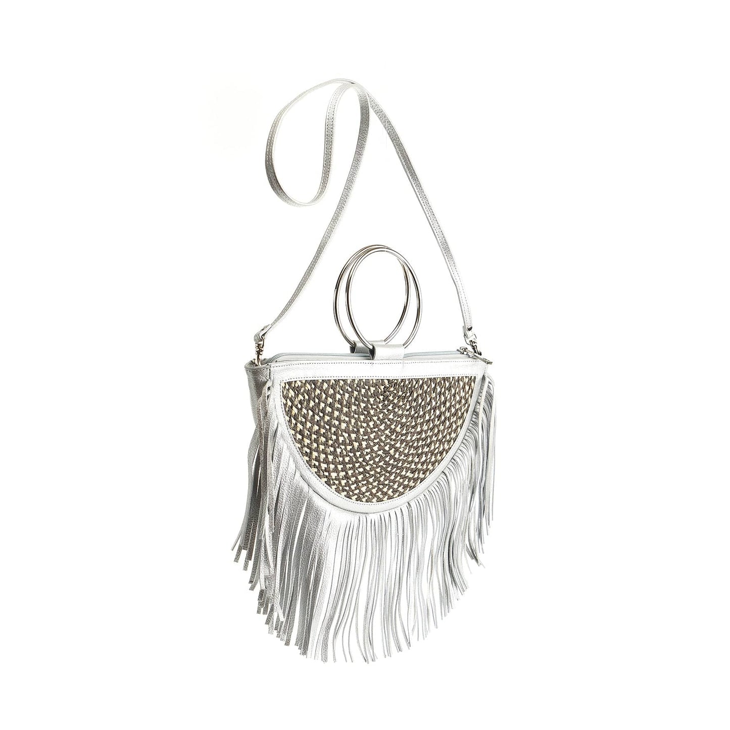 M-meraki Handicrafts Handmade handbag - Fandangera - Silver (Leather/ Arrow Cana)-strapside