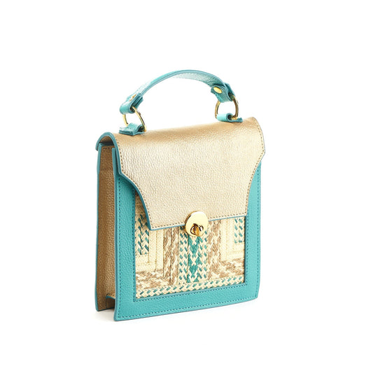 Handmade handbag - Creation - Gold -blue (Leather/ Arrow Cana)