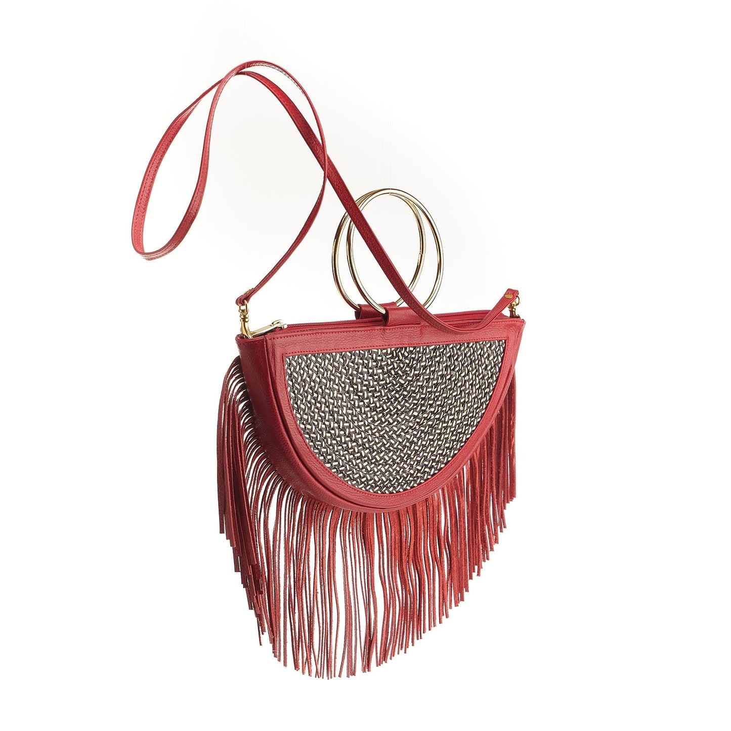 M-meraki Handicrafts-Handmade handbag - Fandangera  - Red (Leather/ Arrow Cana)-strapleft